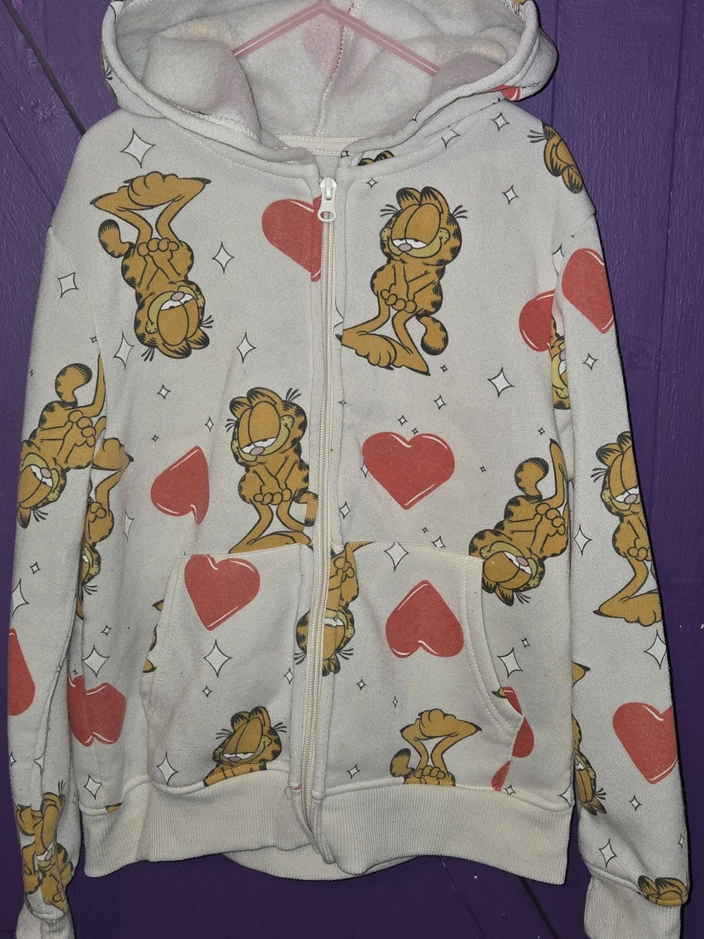 Kids Garfield Zip-Up Hoodie in White And Red Hearts